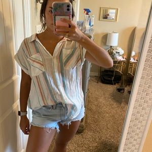 Striped button up short sleeve blouse